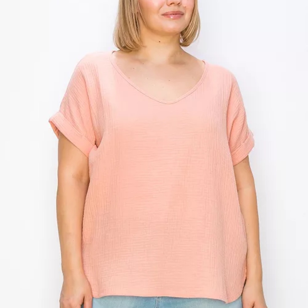 COIN 1804 Women’s Plus Size Cotton Gauze V Neck Rolled Sleeve Papaya 3X